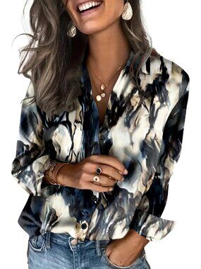 Zeagoo Women's Tye Die V Neck Long Sleeve Silk Satin Button Down Shirts